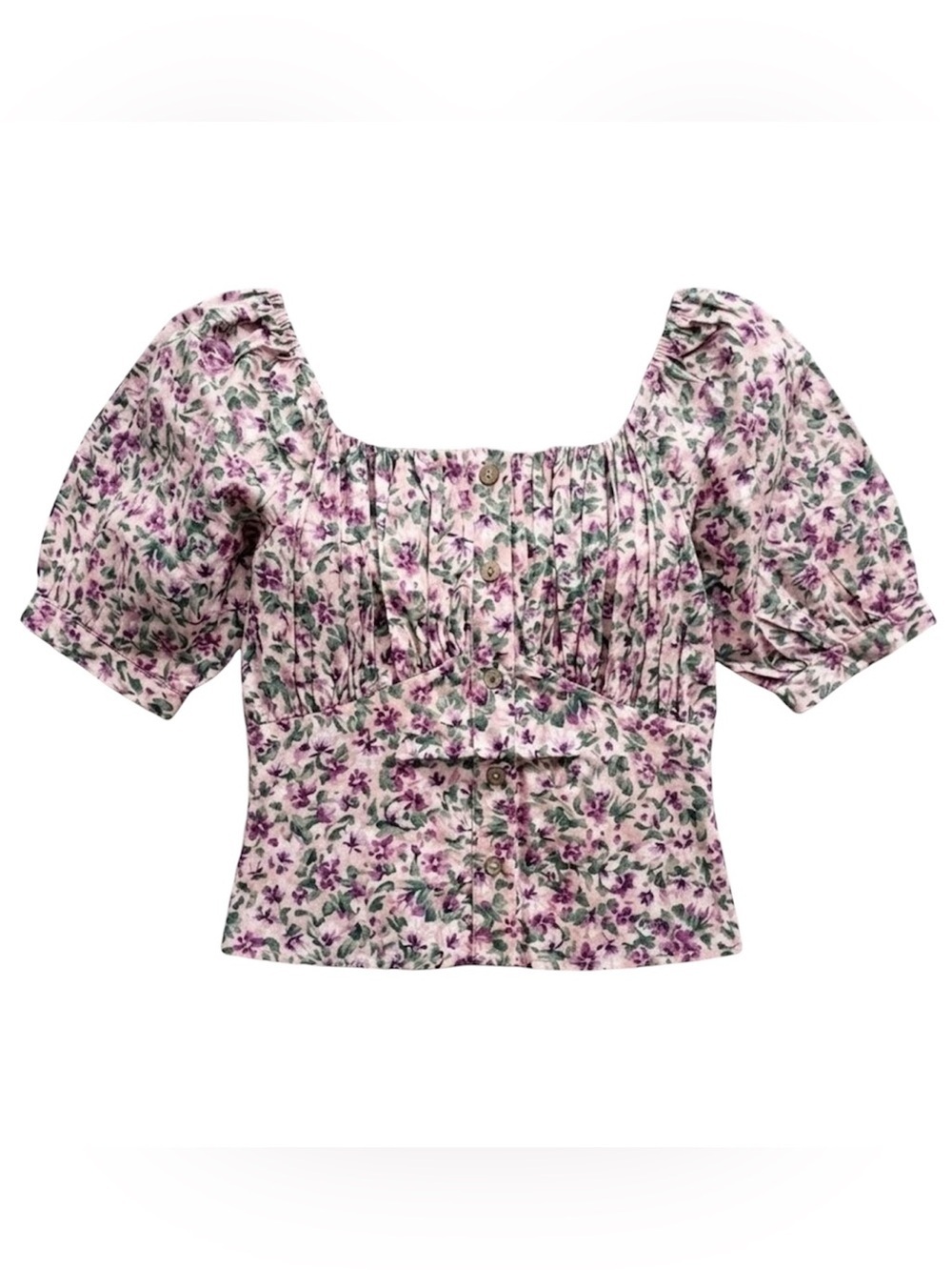 Color Block Smocked Floral Top Pink Purple Green Small